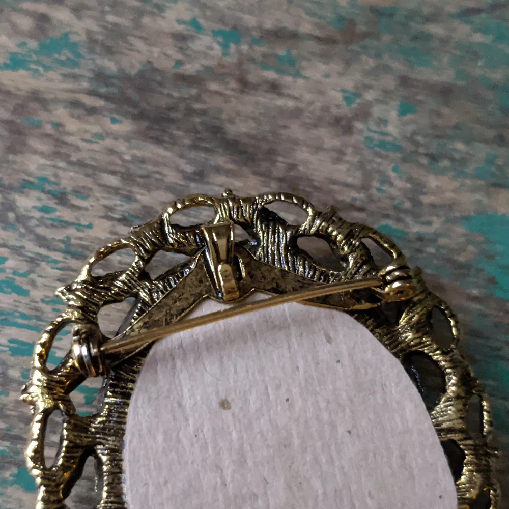 Vintage Embroidered Linen Flower Gold  Framed Coquette Brooch Pin Pendant